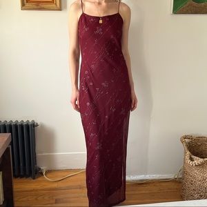 90s Burgundy Spaghetti Strap Slip Dress w/ Silver Sparkly Pattern + Slit